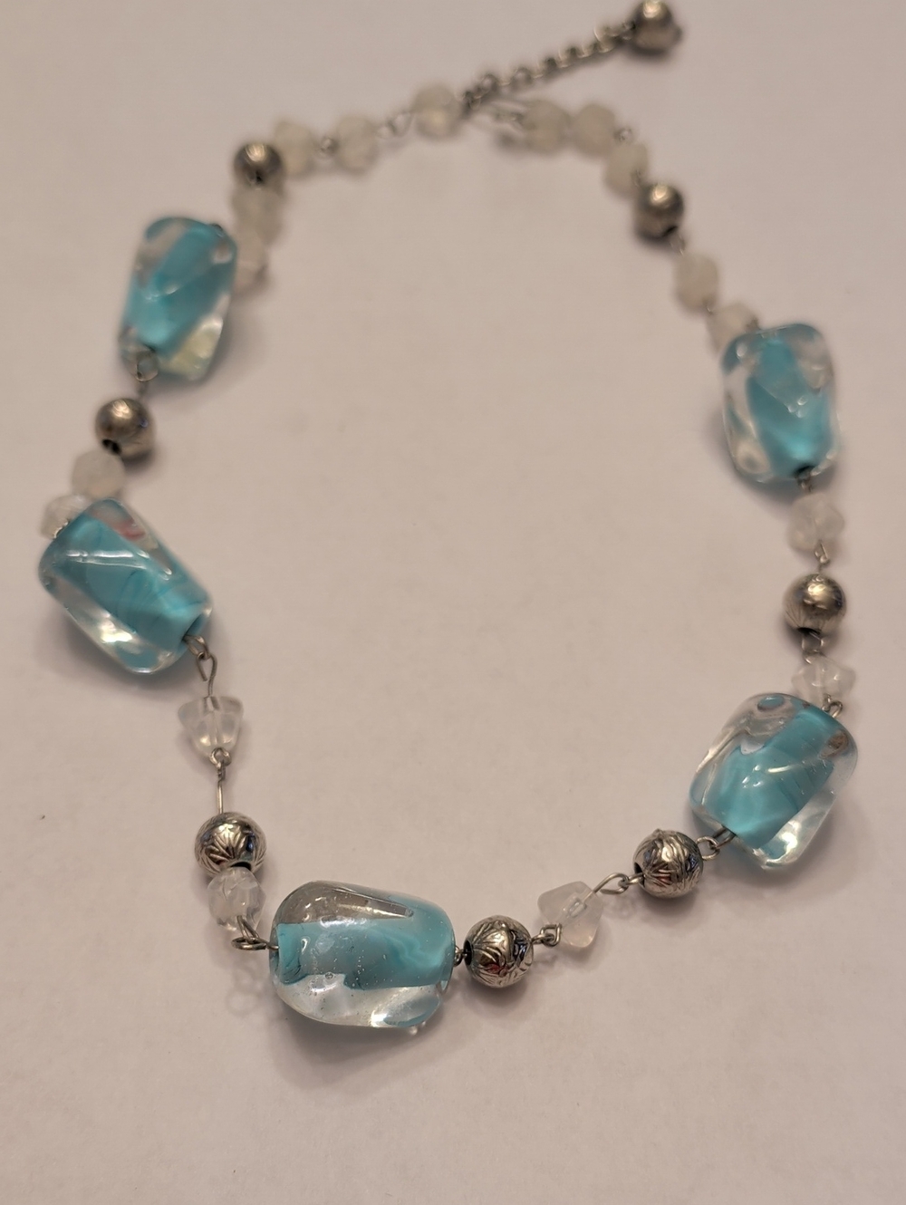 Vintage Chunky Blue Glass Bead Necklace with Silver Accents - Vintage